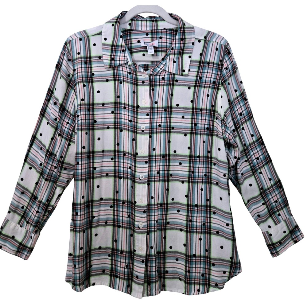 Denim & Co Plaid Polka Dot Button Front Shirt White Multi LP Petite Long Sleeve
